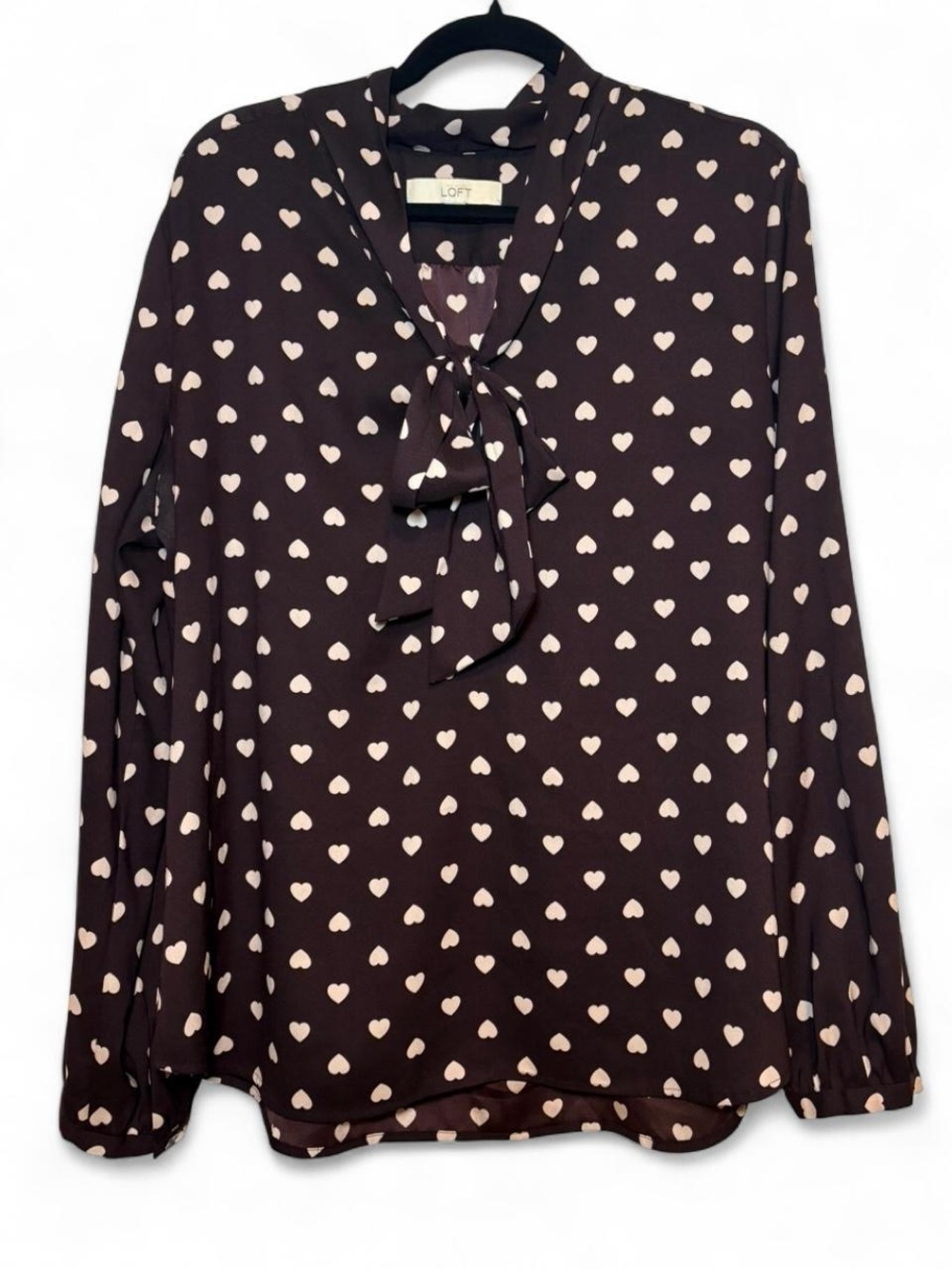 Vintage LOFT Black Blouse + White Heart Print blouse & Bowtie Neck Detail